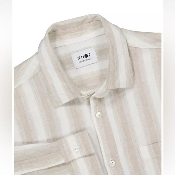 NN07  No Nationality Deon Striped Button-Front Shirt in Khaki Stripe S NWOT - Picture 3 of 10